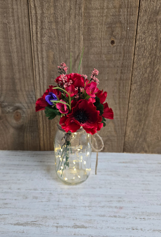 Red Poppy & Wildflower Lighted Mason Jar Centerpiece