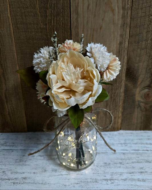 Fall Faux Mum and Peony Lighted Mason Jar Centerpiece - Glassy Gal Decor