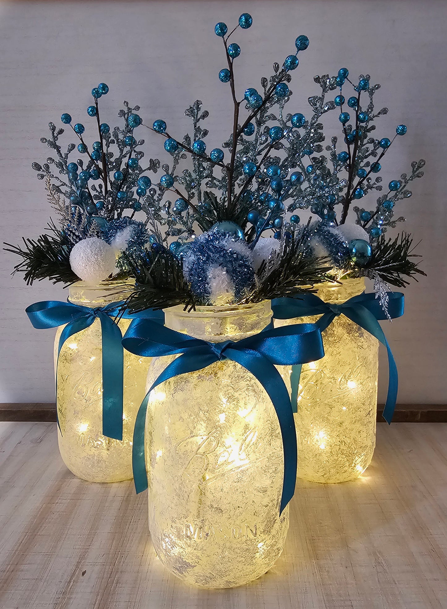 Blue Lighted Mason Jar Christmas Centerpiece