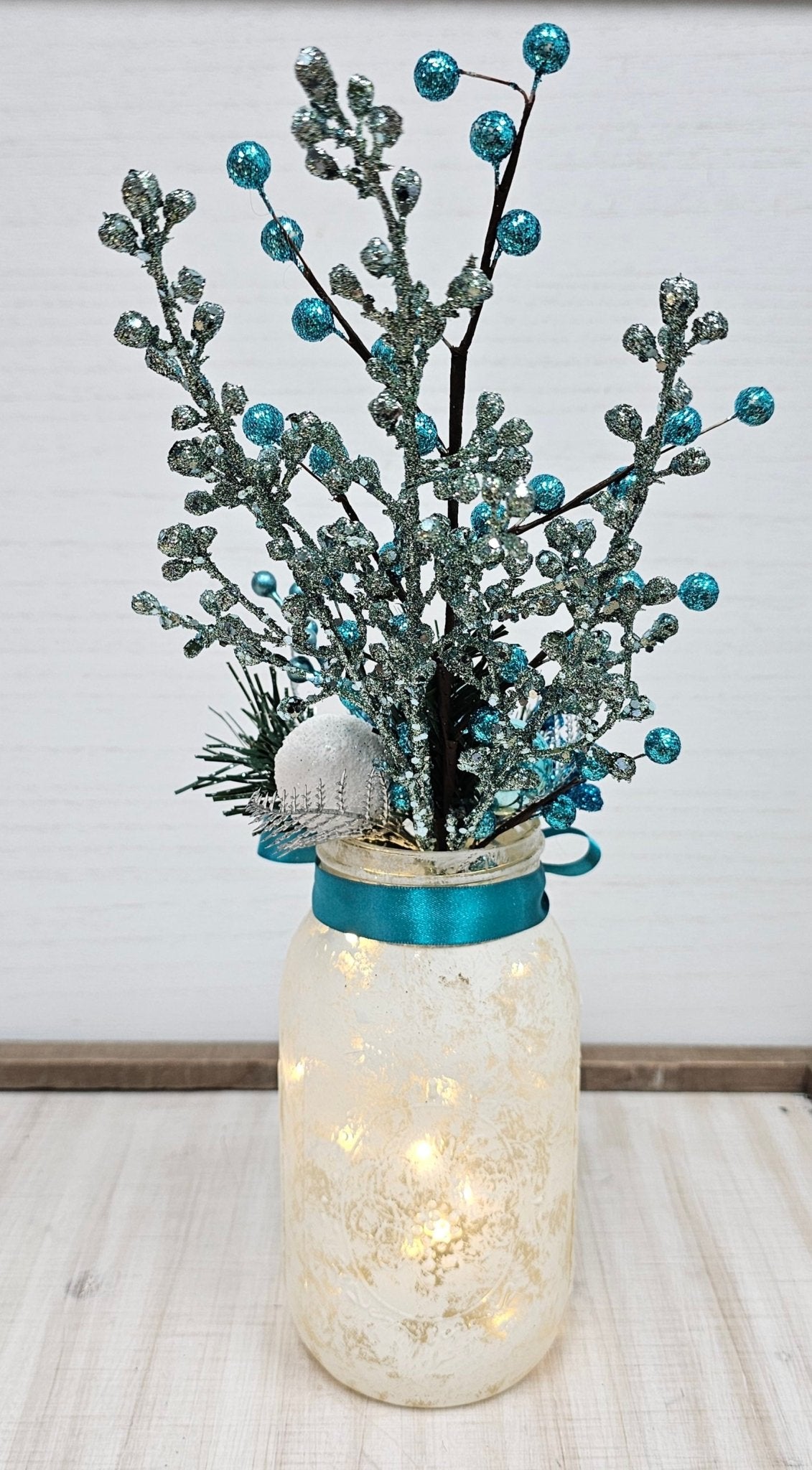 Blue Lighted Mason Jar Christmas Centerpiece - Glassy Gal Decor