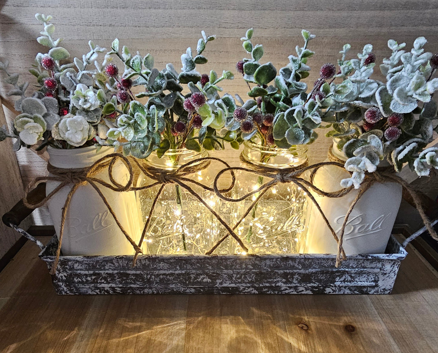 Christmas Eucalyptus & Berry Lighted Mason Jar Centerpiece