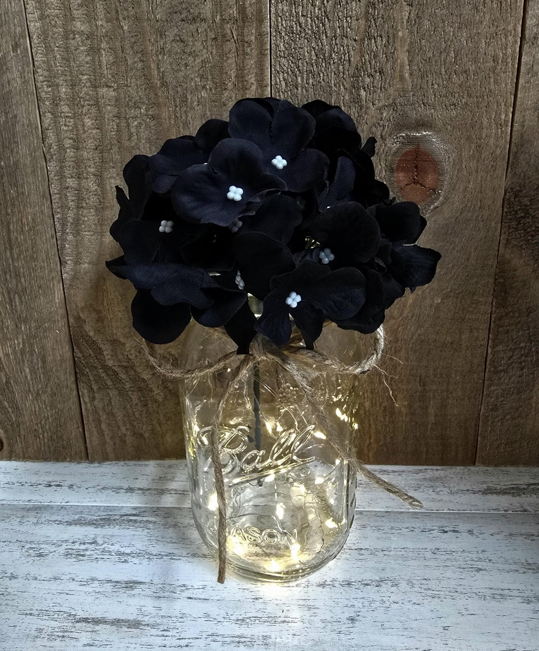 Black Silk Hydrangea Lighted Mason Jar Centerpiece