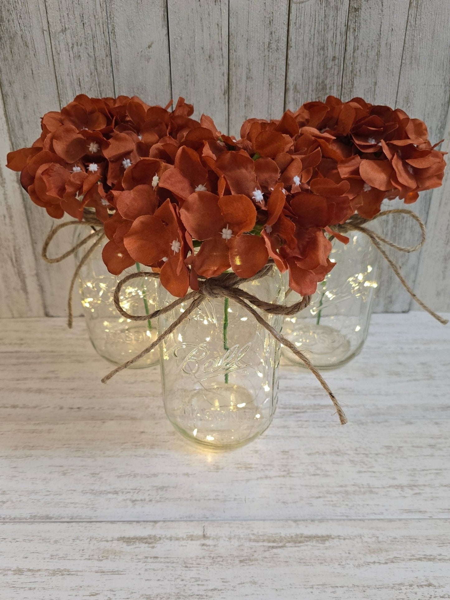 Rust Silk Hydrangea Lighted Mason Jar Centerpiece - Glassy Gal Decor