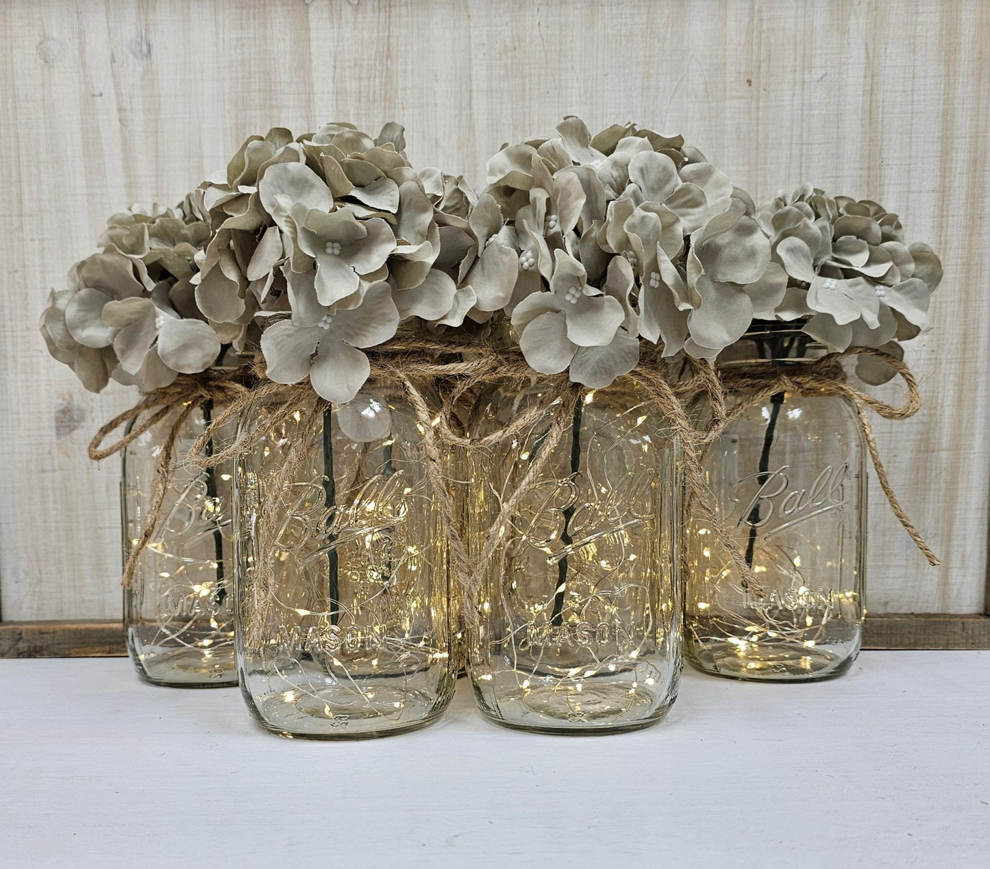 Gray Hydrangea Lighted Mason Jar Centerpiece - Glassy Gal Decor