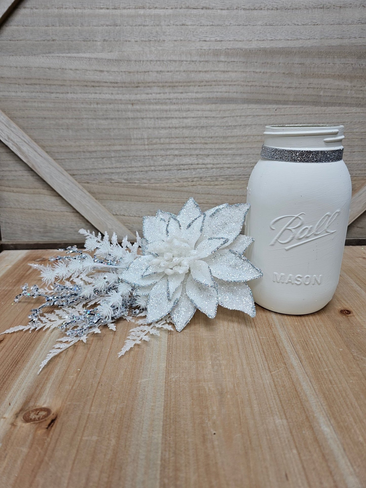 White Ice Poinsettia Mason Jar Centerpiece - Glassy Gal Decor