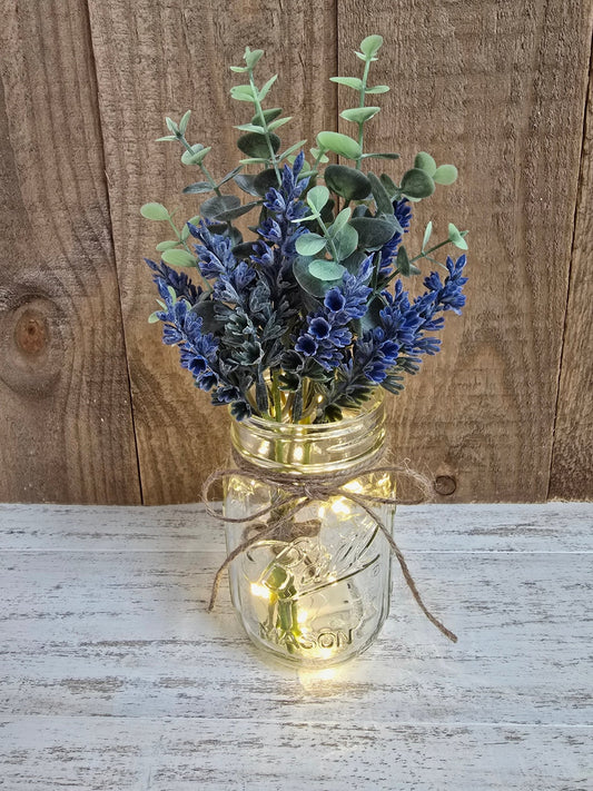 Lavender Blooms & Eucalyptus Lighted Mason Jar Centerpiece - Glassy Gal Decor