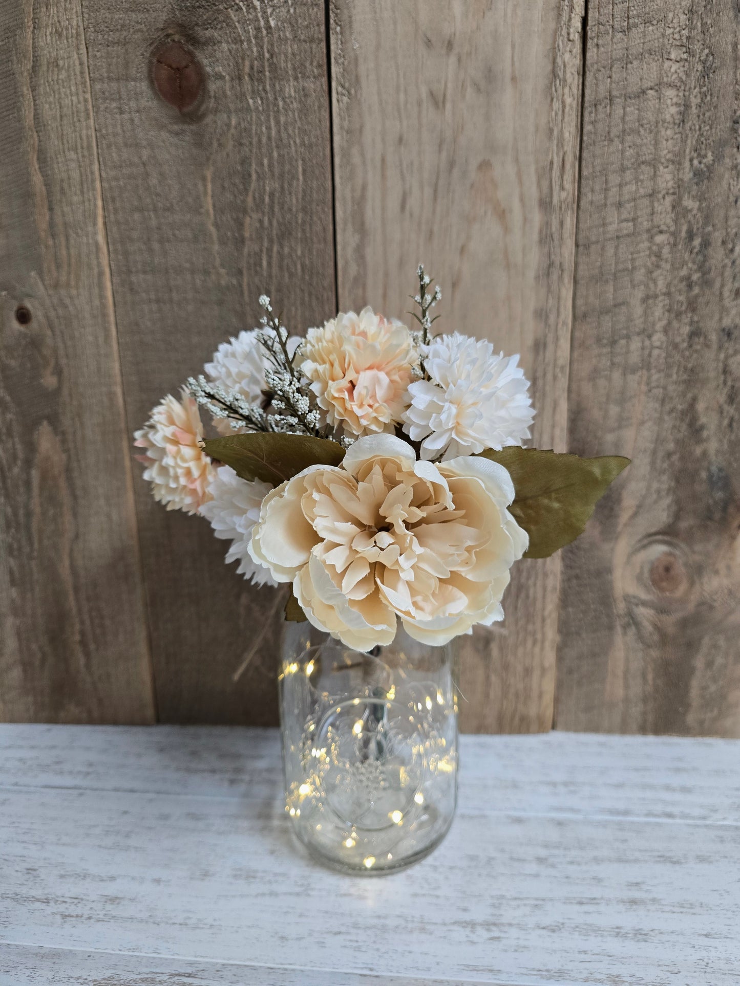Fall Faux Mum and Peony Lighted Mason Jar Centerpiece