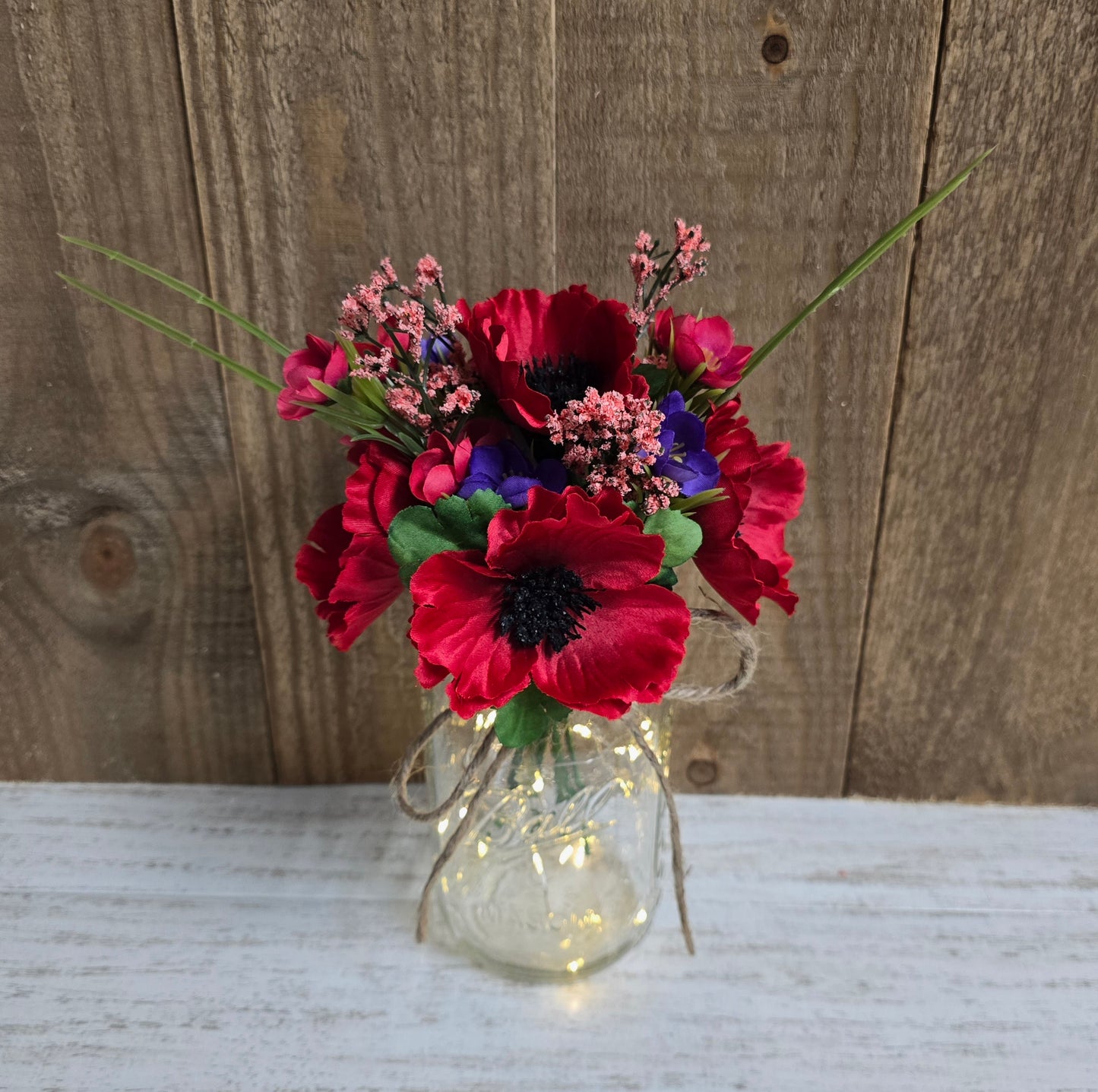 Red Poppy & Wildflower Lighted Mason Jar Centerpiece