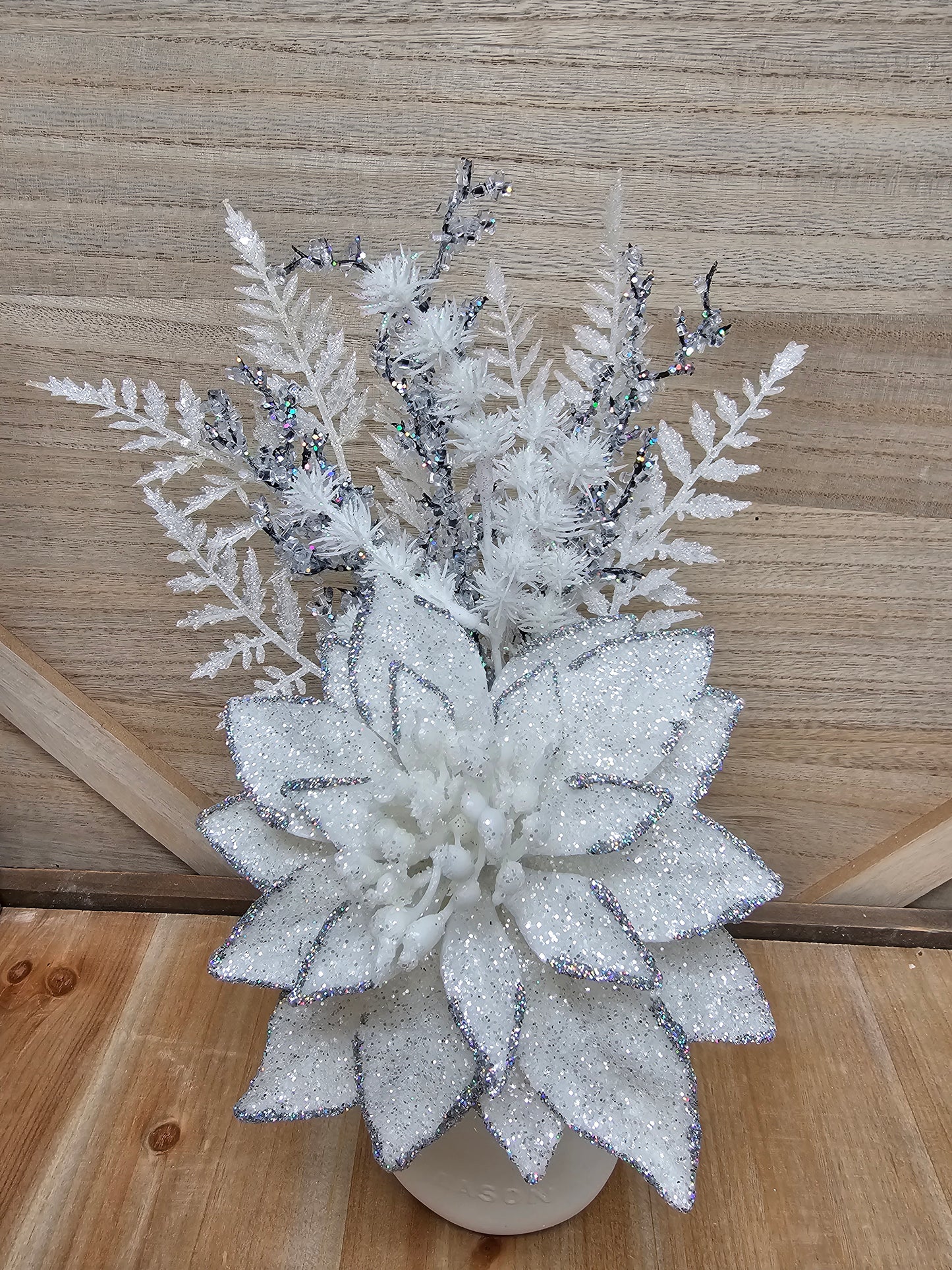 White Ice Poinsettia Mason Jar Centerpiece
