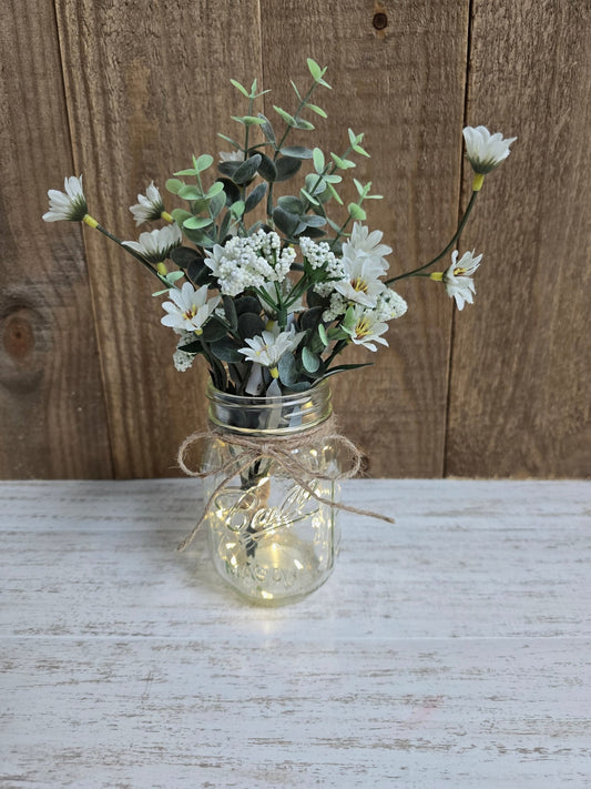 Wild Daisies & Eucalyptus Lighted Mason Jar Centerpiece - Glassy Gal Decor