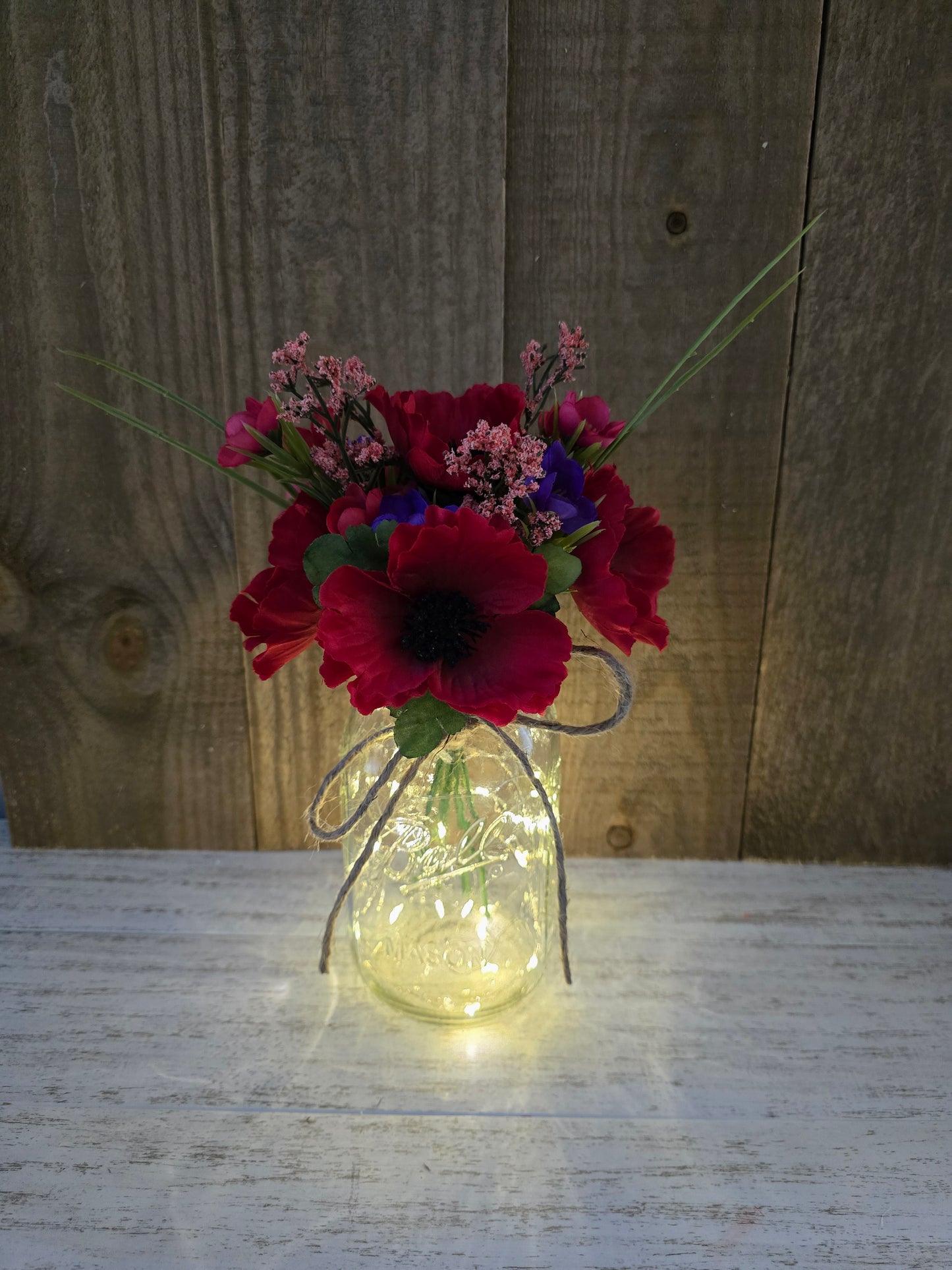 Red Poppy & Wildflower Lighted Mason Jar Centerpiece