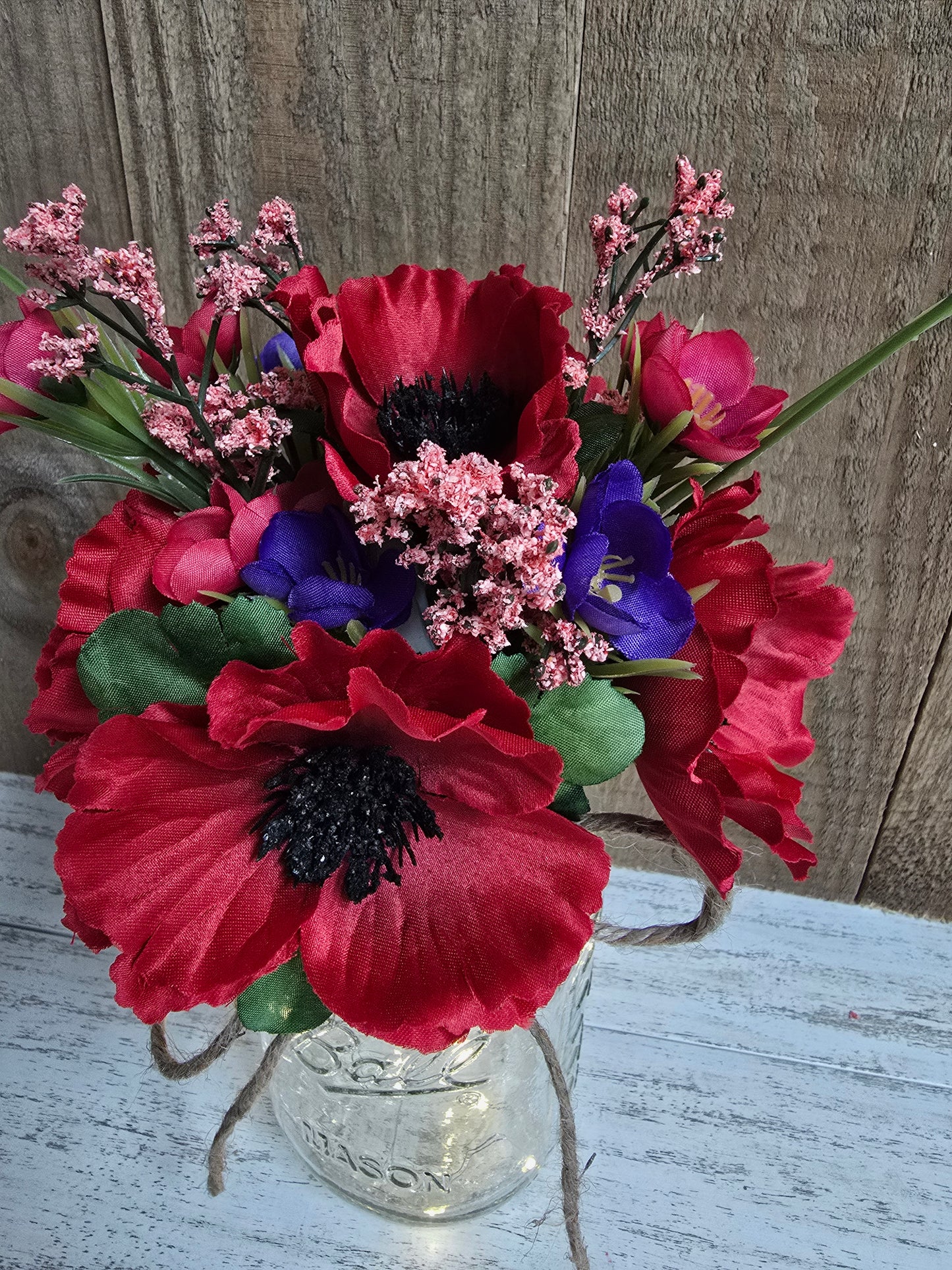 Red Poppy & Wildflower Lighted Mason Jar Centerpiece