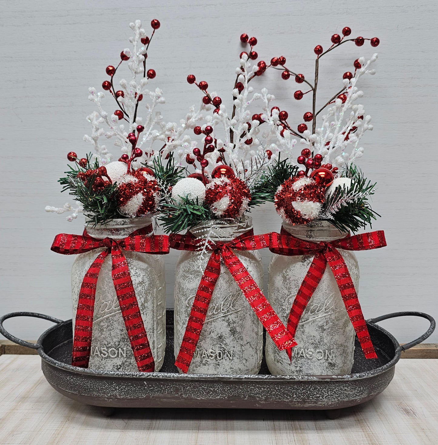 Classic Red & White Christmas Lighted Mason Jar Centerpiece - Free Shipping