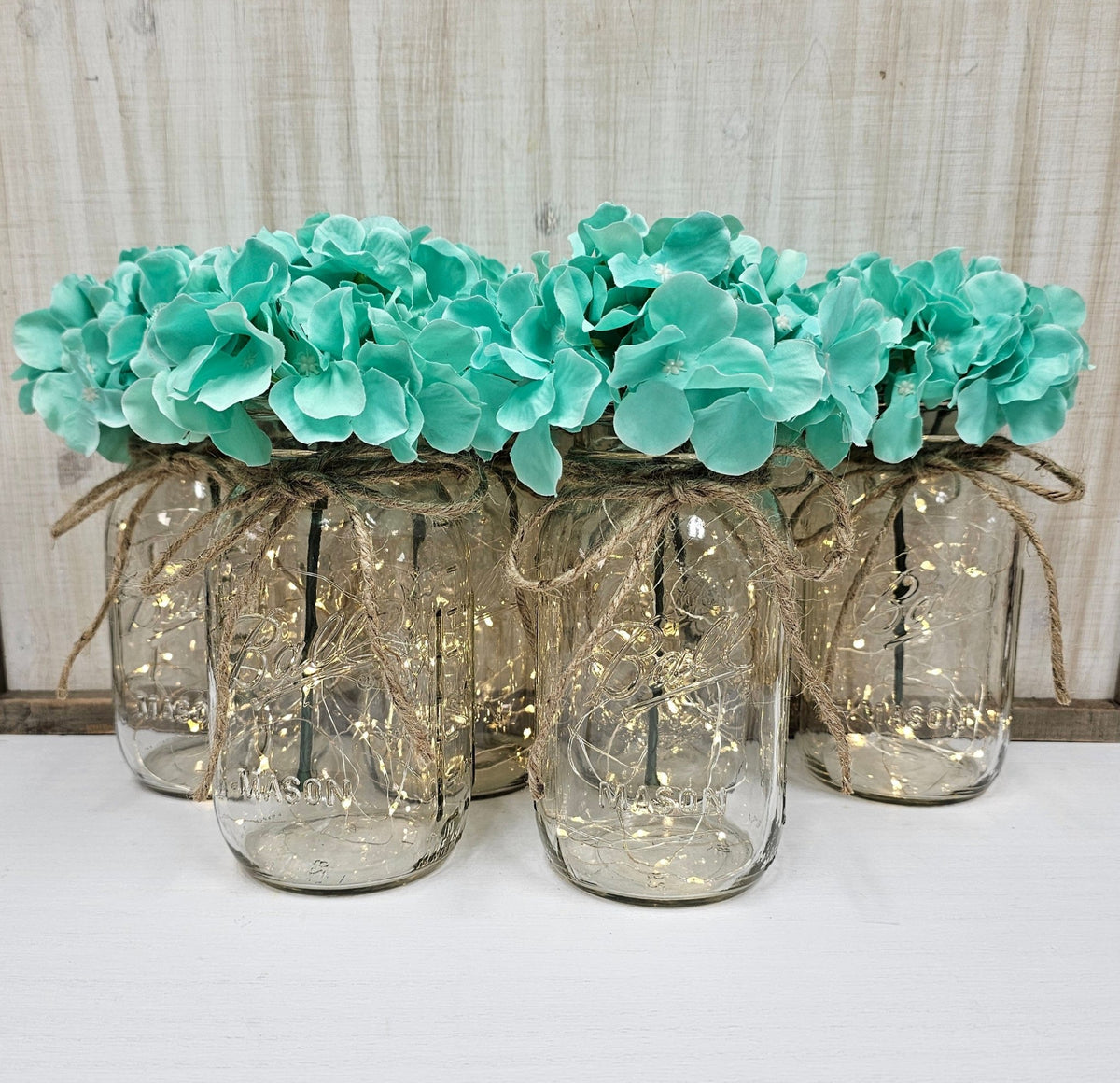 Tiffany Silk Hydrangea Lighted Mason Jar Centerpiece - Glassy Gal Decor