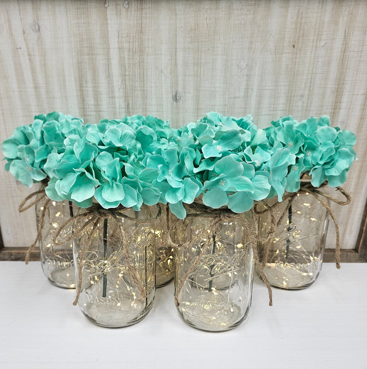 Tiffany Silk Hydrangea Lighted Mason Jar Centerpiece - Glassy Gal Decor