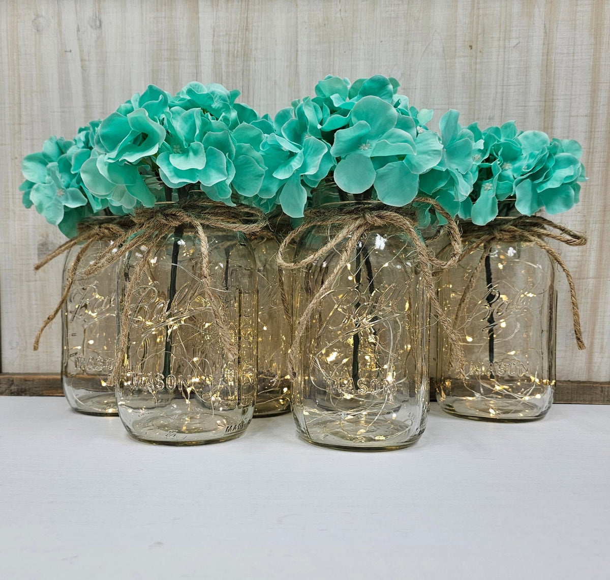 Tiffany Silk Hydrangea Lighted Mason Jar Centerpiece - Glassy Gal Decor