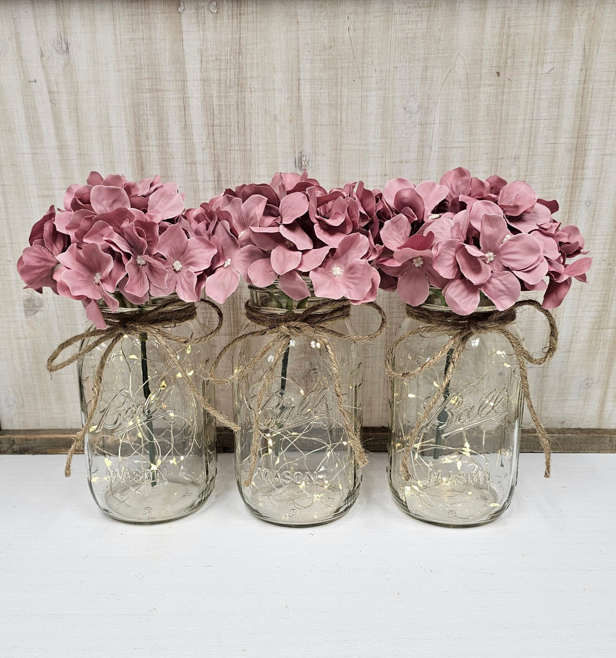 Dusty Rose Silk Hydrangea Lighted Mason Jar Centerpiece - Glassy Gal Decor