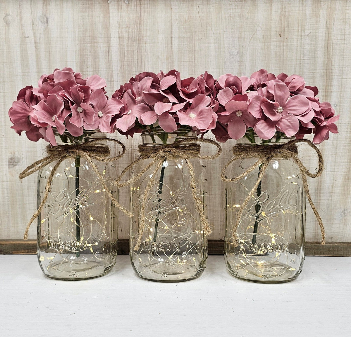 Dusty Rose Silk Hydrangea Lighted Mason Jar Centerpiece - Glassy Gal Decor