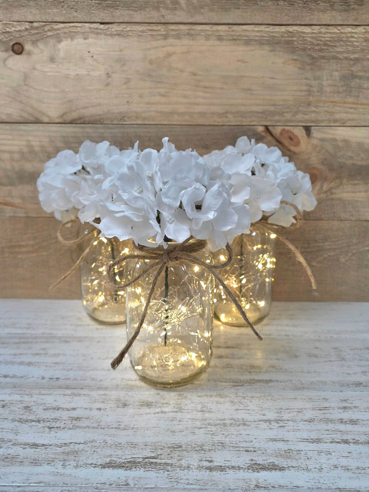 Bright White Silk Hydrangea Lighted Mason Jar Centerpiece - Glassy Gal Decor