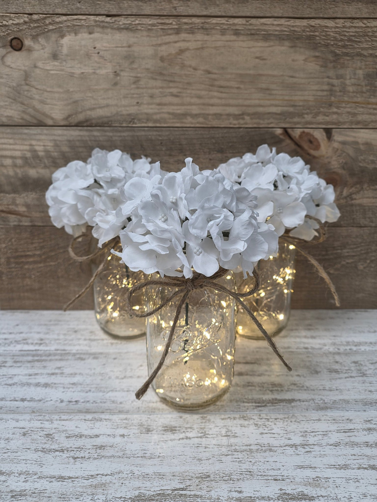 Bright White Silk Hydrangea Lighted Mason Jar Centerpiece - Glassy Gal Decor