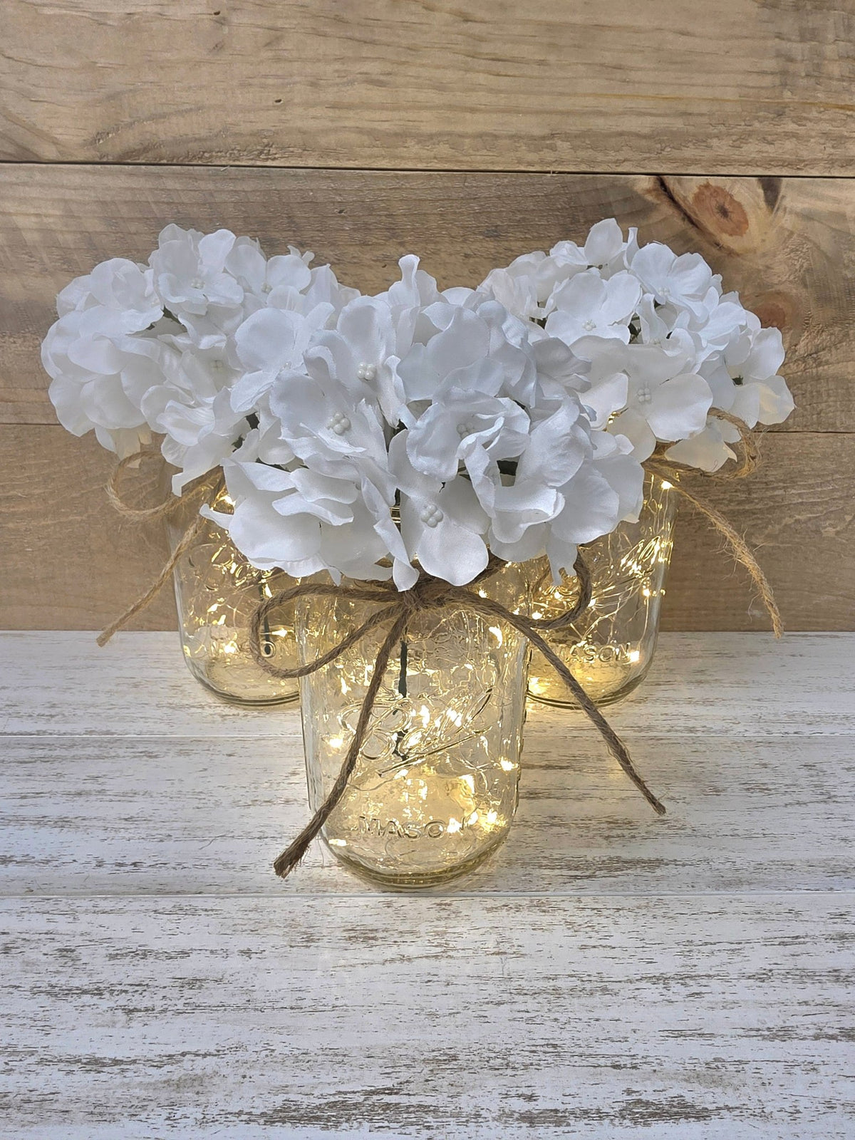 Bright White Silk Hydrangea Lighted Mason Jar Centerpiece - Glassy Gal Decor