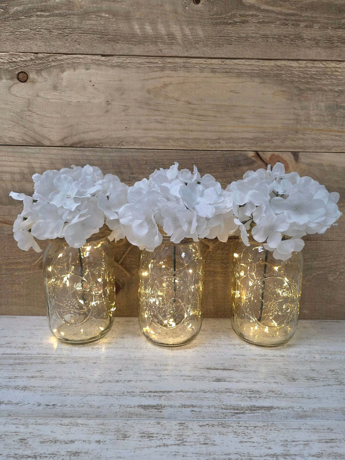 Bright White Silk Hydrangea Lighted Mason Jar Centerpiece - Glassy Gal Decor