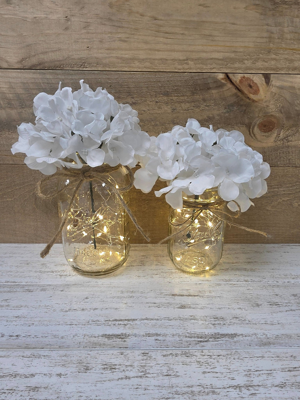 Bright White Silk Hydrangea Lighted Mason Jar Centerpiece - Glassy Gal Decor