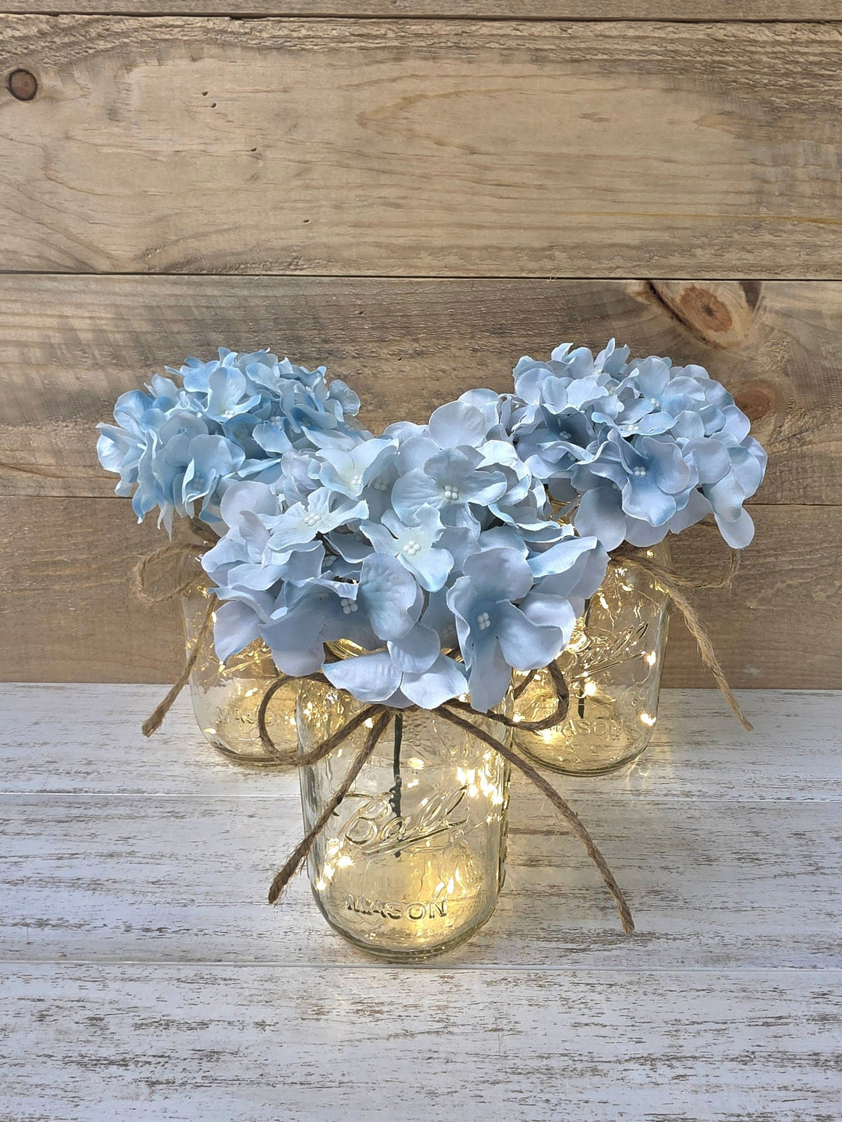 Light Turquoise Silk Hydrangea Lighted Mason Jar Centerpiece - Glassy Gal Decor