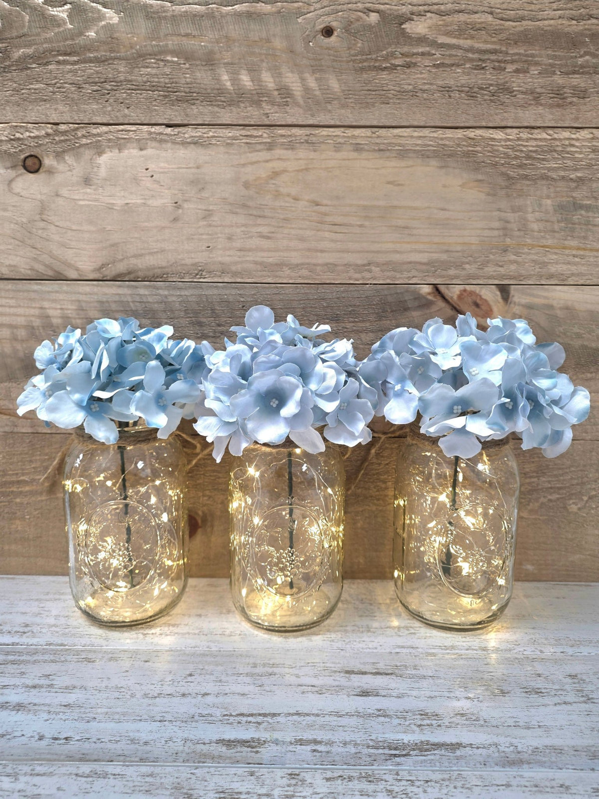 Light Turquoise Silk Hydrangea Lighted Mason Jar Centerpiece - Glassy Gal Decor