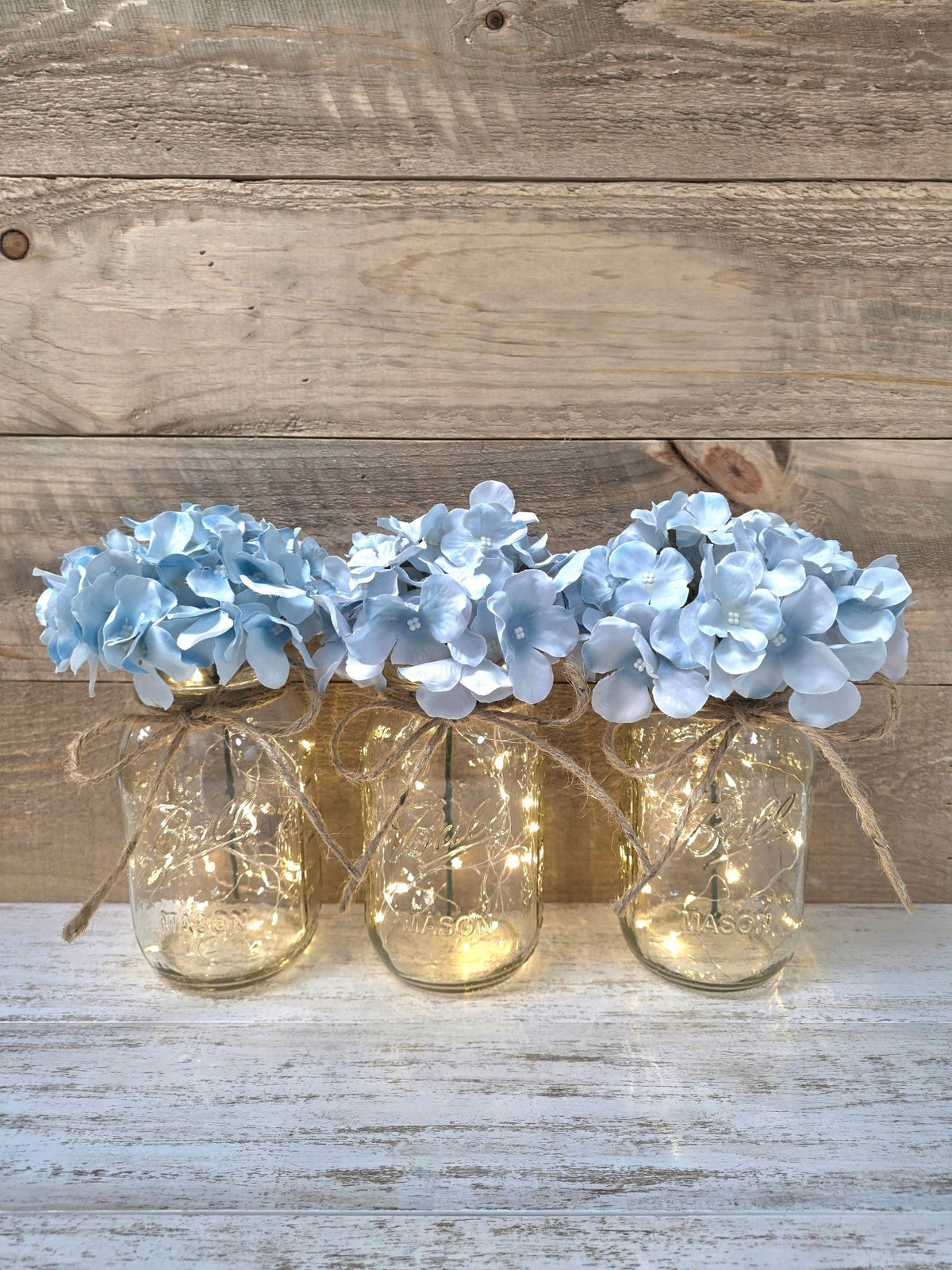 Light Turquoise Silk Hydrangea Lighted Mason Jar Centerpiece - Glassy Gal Decor