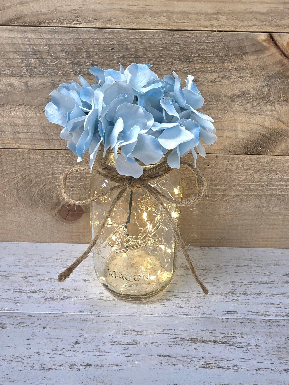 Light Turquoise Silk Hydrangea Lighted Mason Jar Centerpiece - Glassy Gal Decor