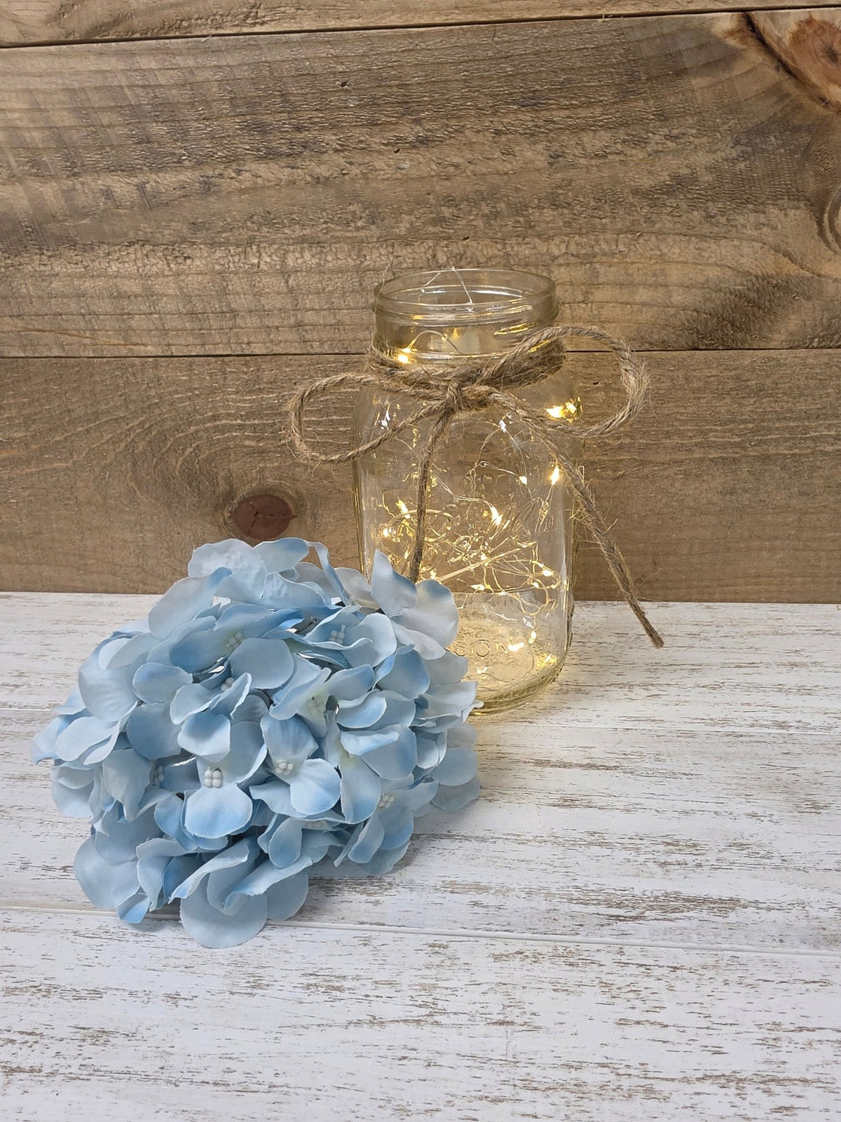 Light Turquoise Silk Hydrangea Lighted Mason Jar Centerpiece - Glassy Gal Decor