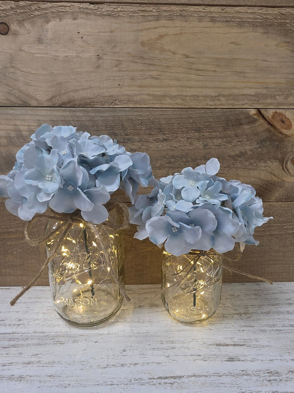 Light Turquoise Silk Hydrangea Lighted Mason Jar Centerpiece - Glassy Gal Decor