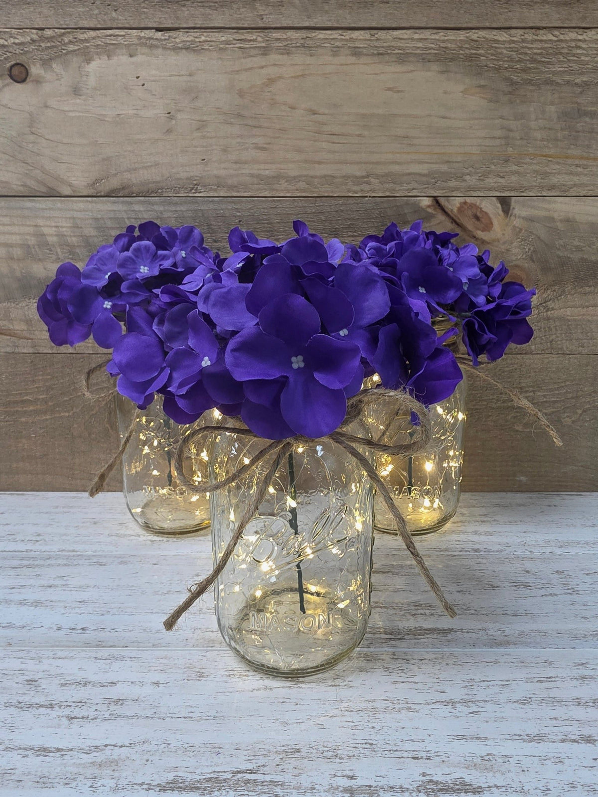 Violet Silk Hydrangea Lighted Mason Jar Centerpiece - Glassy Gal Decor