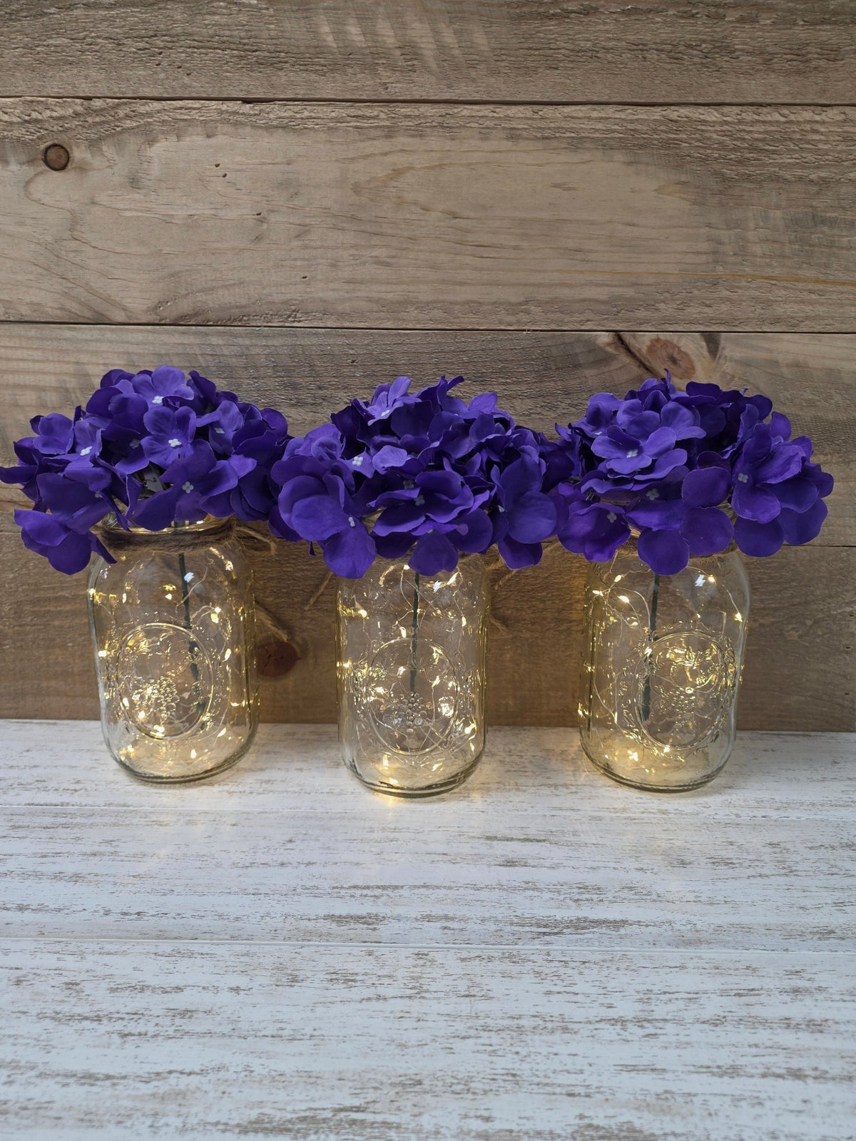 Violet Silk Hydrangea Lighted Mason Jar Centerpiece - Glassy Gal Decor