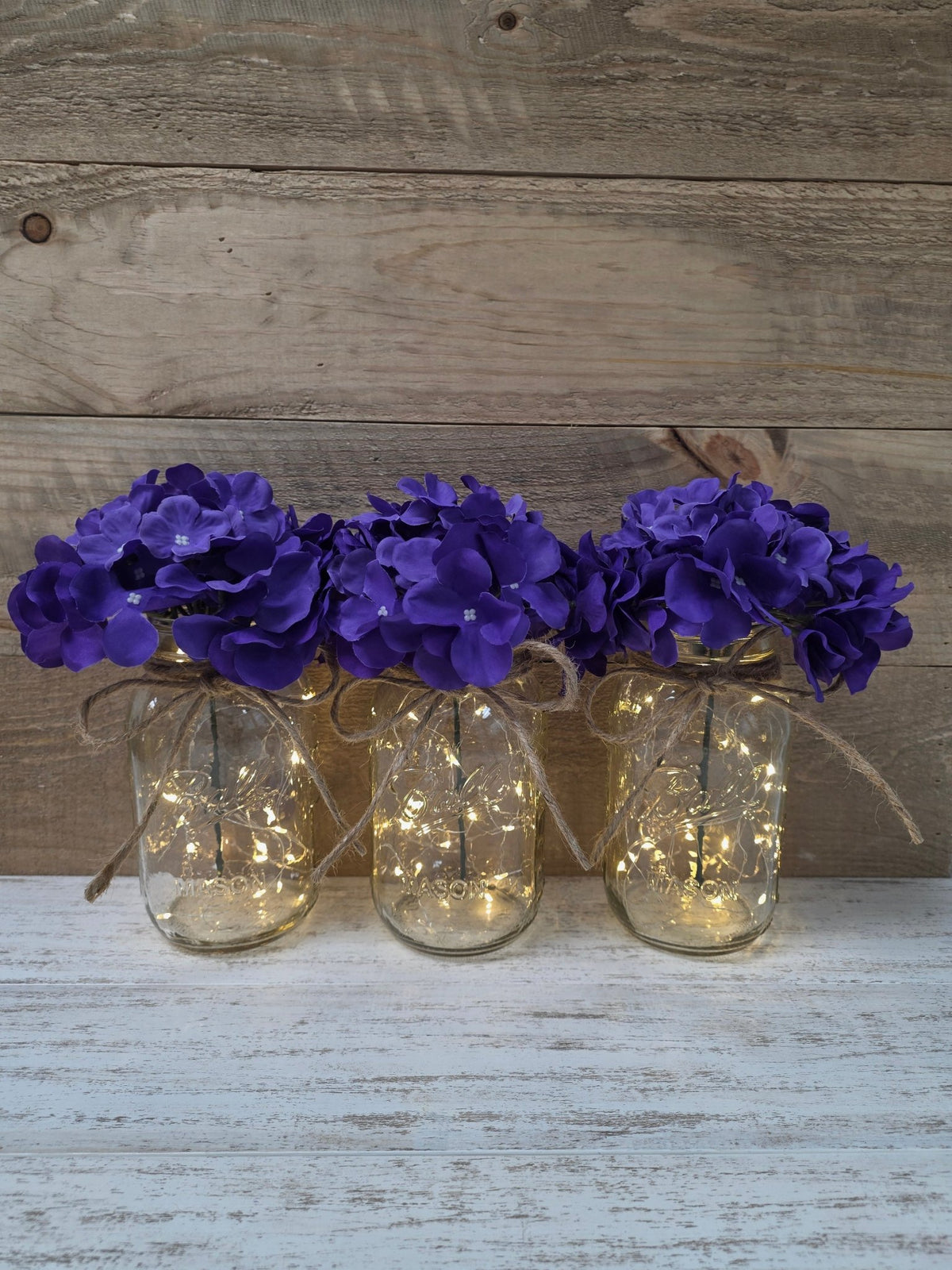 Violet Silk Hydrangea Lighted Mason Jar Centerpiece - Glassy Gal Decor