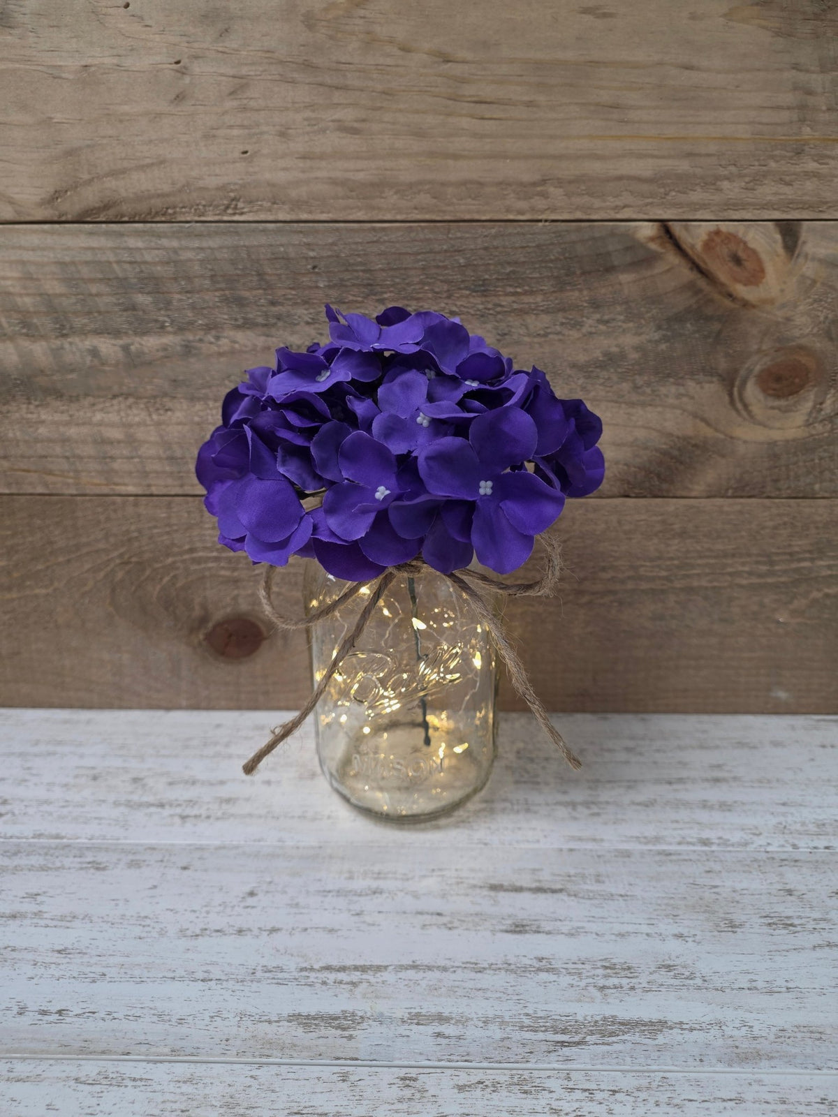 Violet Silk Hydrangea Lighted Mason Jar Centerpiece - Glassy Gal Decor