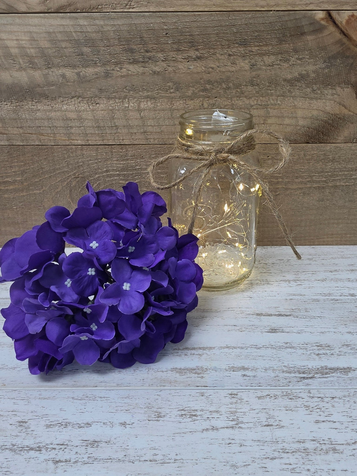 Violet Silk Hydrangea Lighted Mason Jar Centerpiece - Glassy Gal Decor