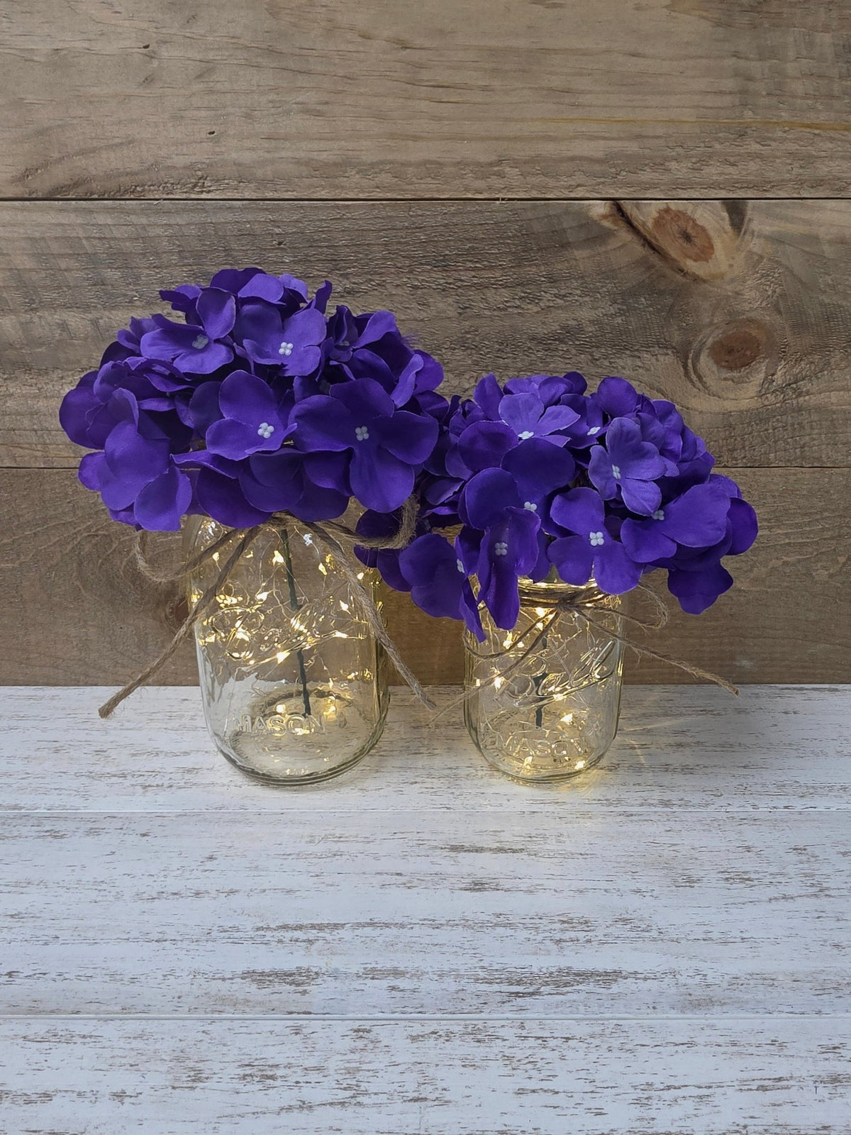 Violet Silk Hydrangea Lighted Mason Jar Centerpiece - Glassy Gal Decor
