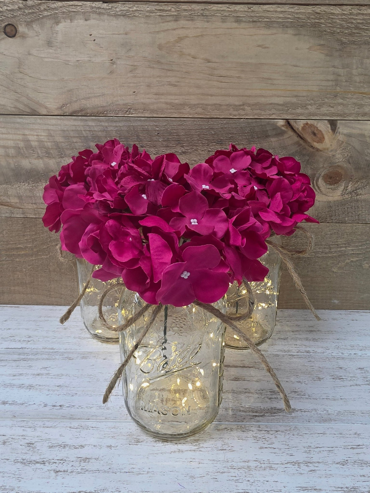 Fuchsia Silk Hydrangea Lighted Mason Jar Centerpiece - Glassy Gal Decor