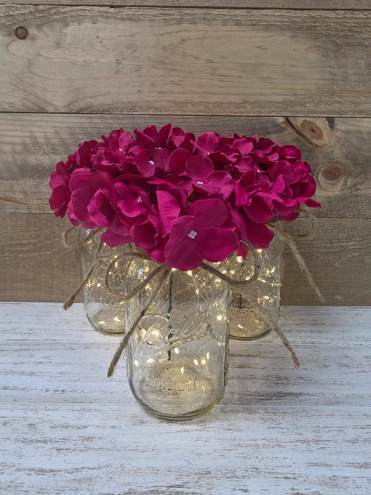 Fuchsia Silk Hydrangea Lighted Mason Jar Centerpiece - Glassy Gal Decor