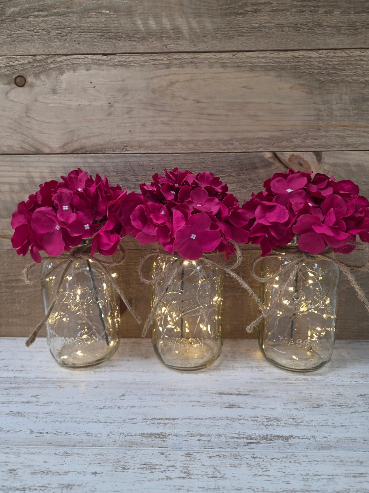 Fuchsia Silk Hydrangea Lighted Mason Jar Centerpiece - Glassy Gal Decor