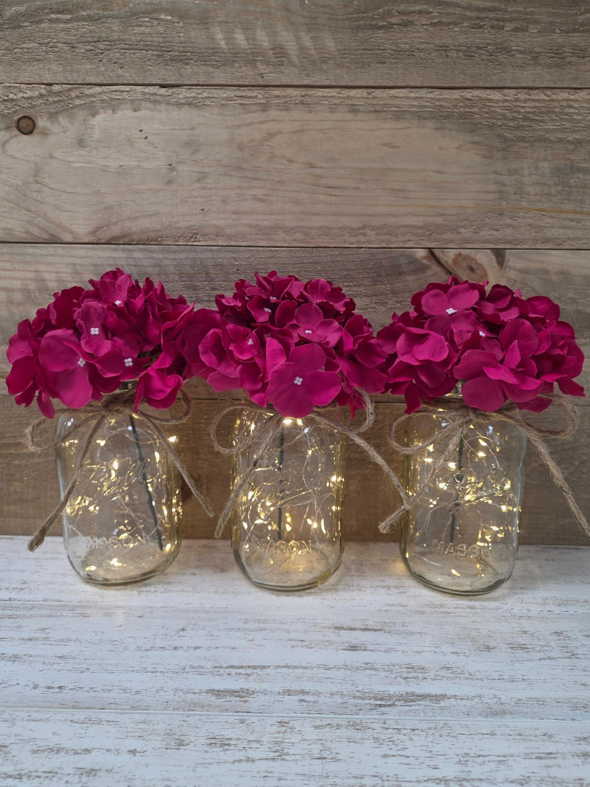 Fuchsia Silk Hydrangea Lighted Mason Jar Centerpiece - Glassy Gal Decor
