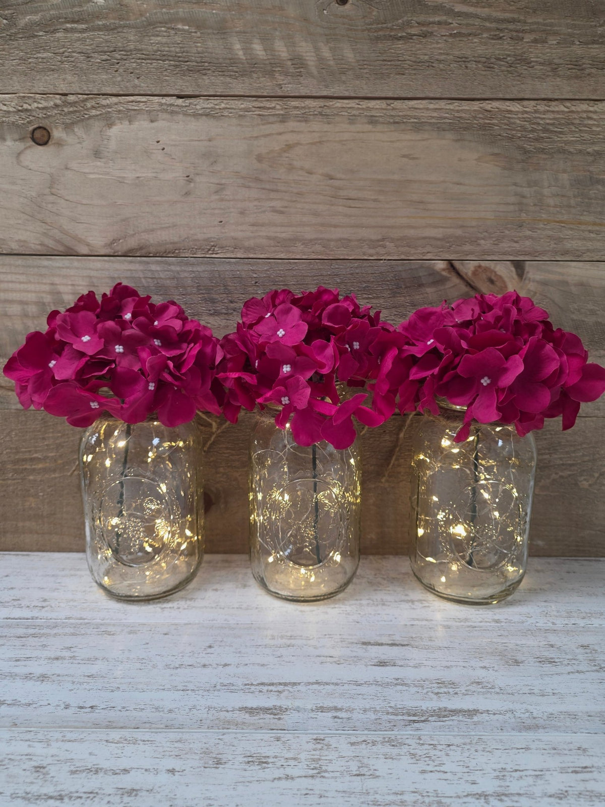 Fuchsia Silk Hydrangea Lighted Mason Jar Centerpiece - Glassy Gal Decor