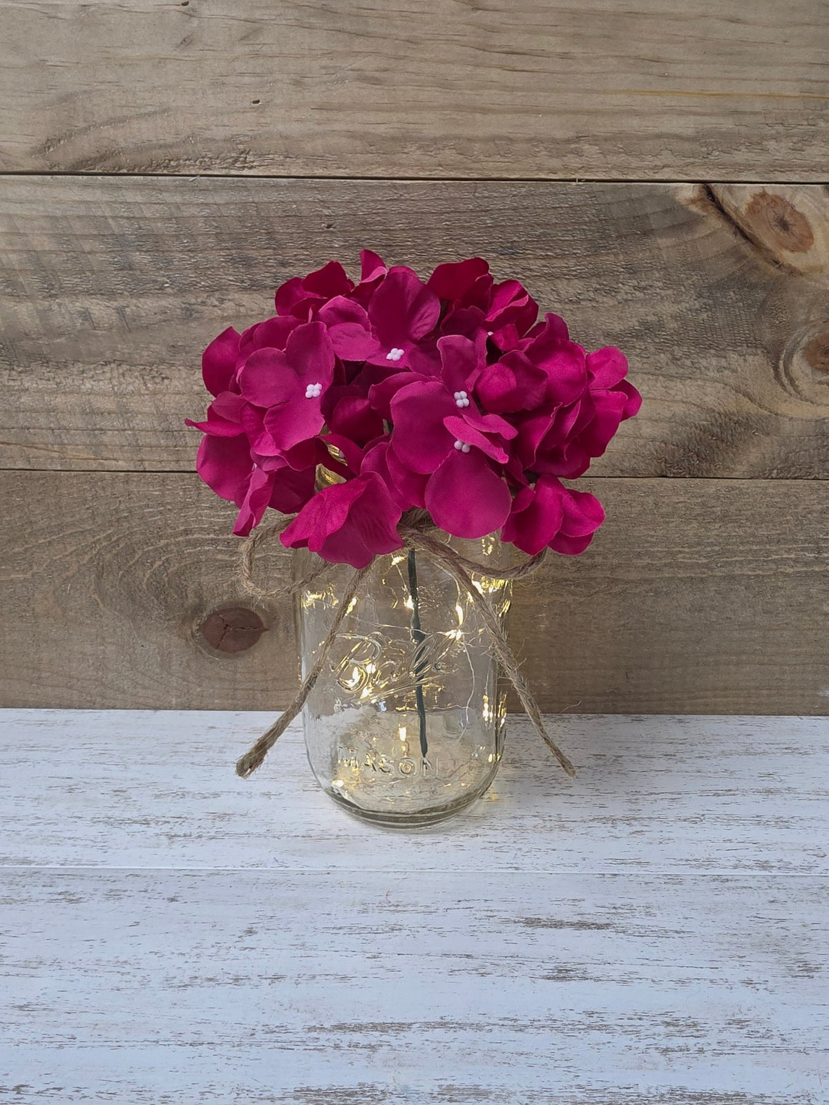 Fuchsia Silk Hydrangea Lighted Mason Jar Centerpiece - Glassy Gal Decor
