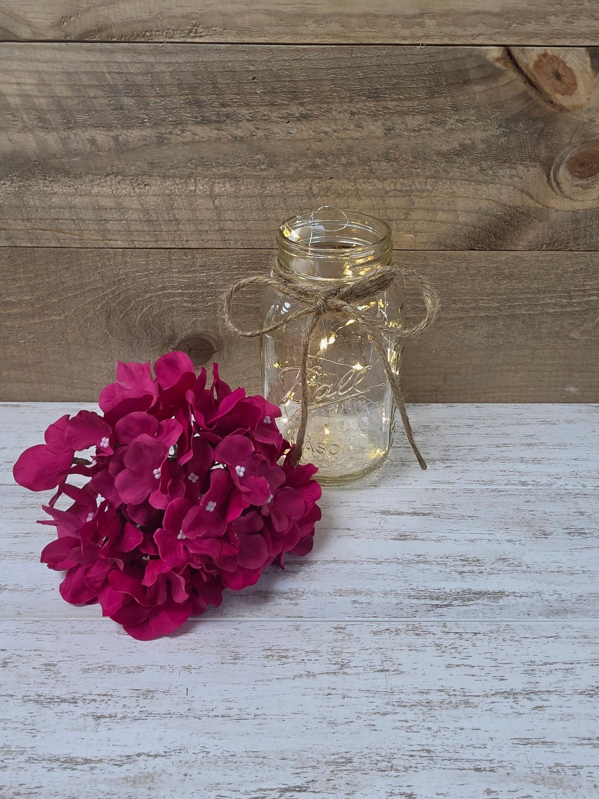 Fuchsia Silk Hydrangea Lighted Mason Jar Centerpiece - Glassy Gal Decor