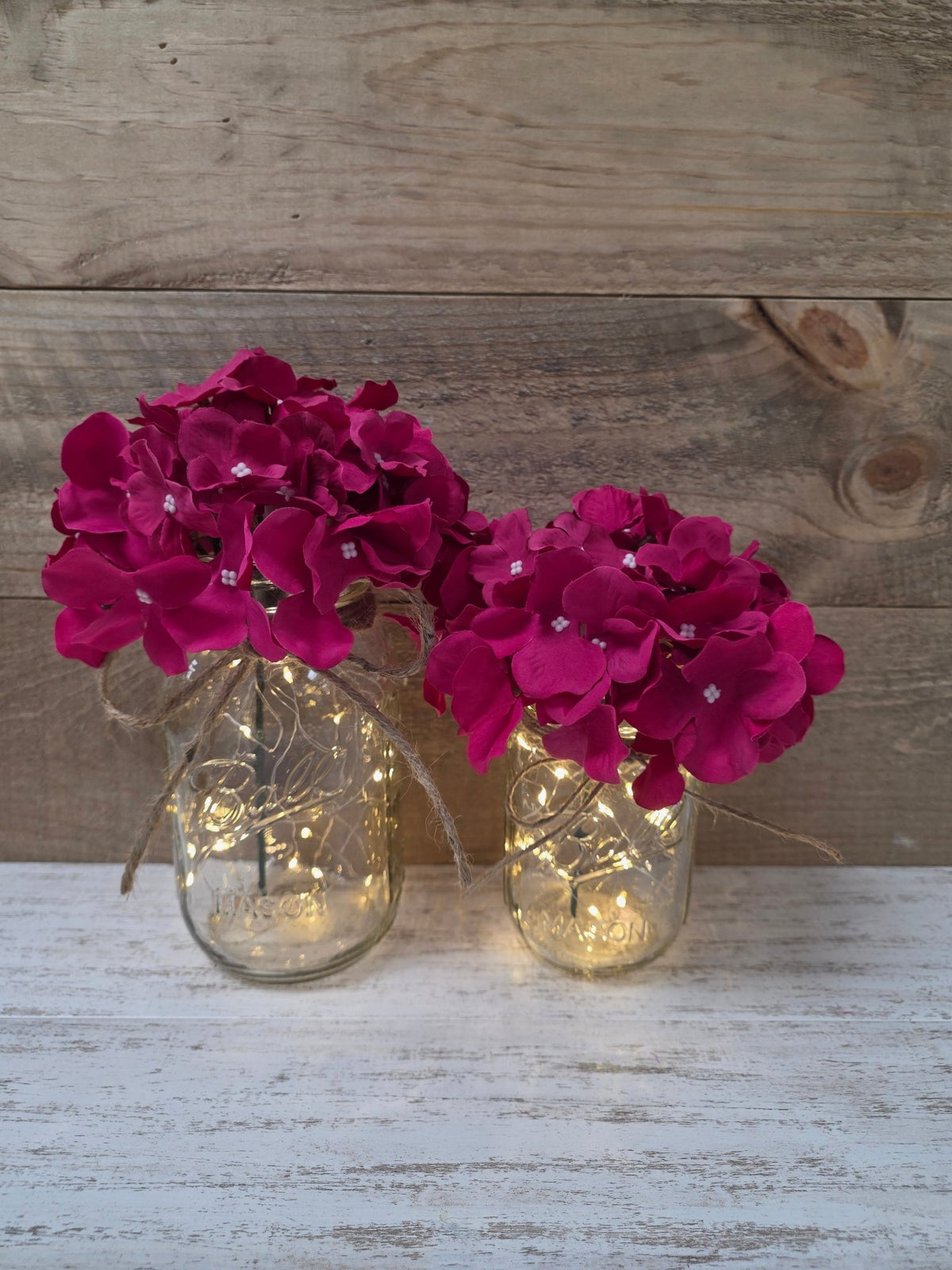Fuchsia Silk Hydrangea Lighted Mason Jar Centerpiece - Glassy Gal Decor