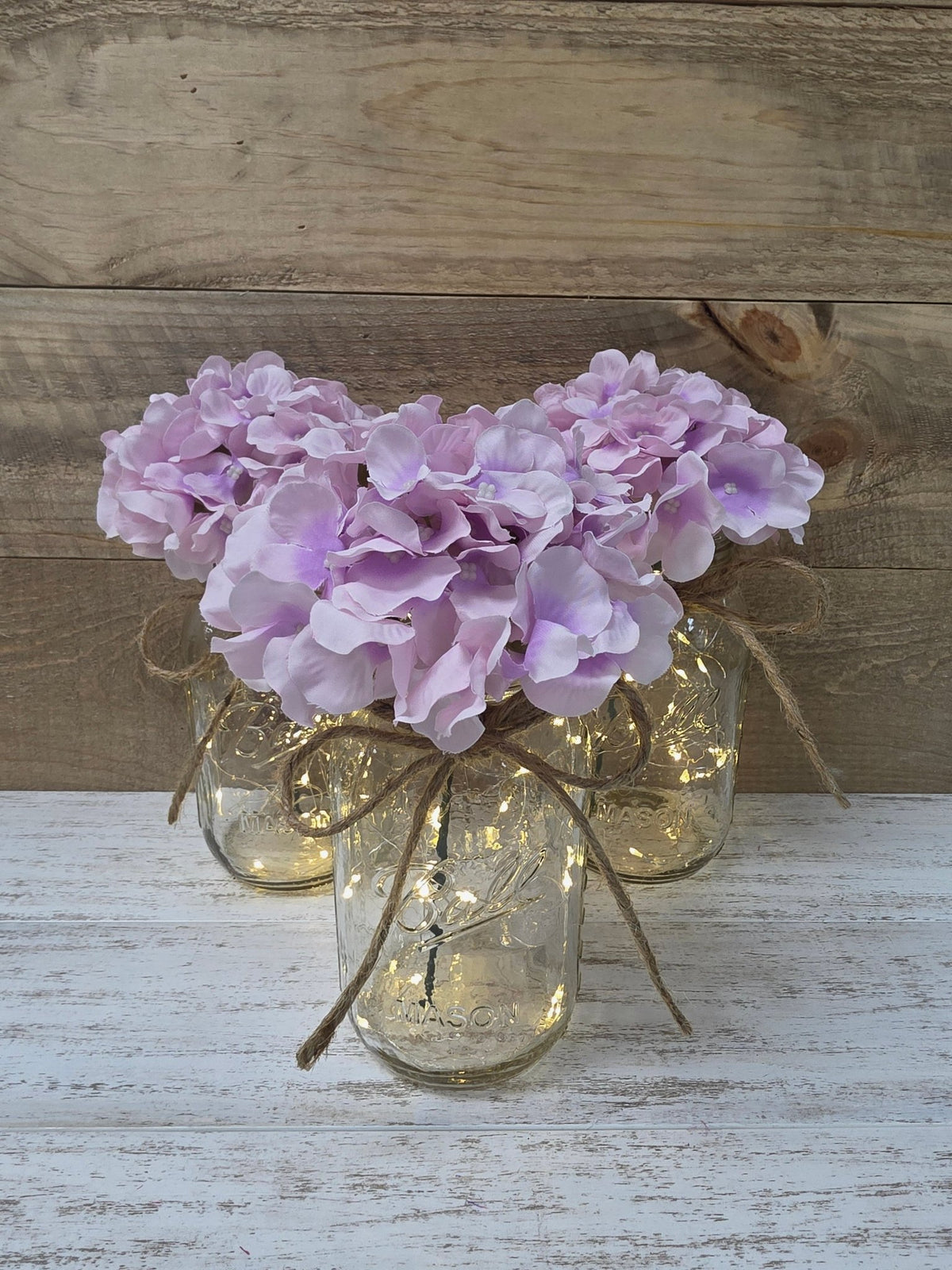 Lavender Silk Hydrangea Lighted Mason Jar Centerpiece - Glassy Gal Decor