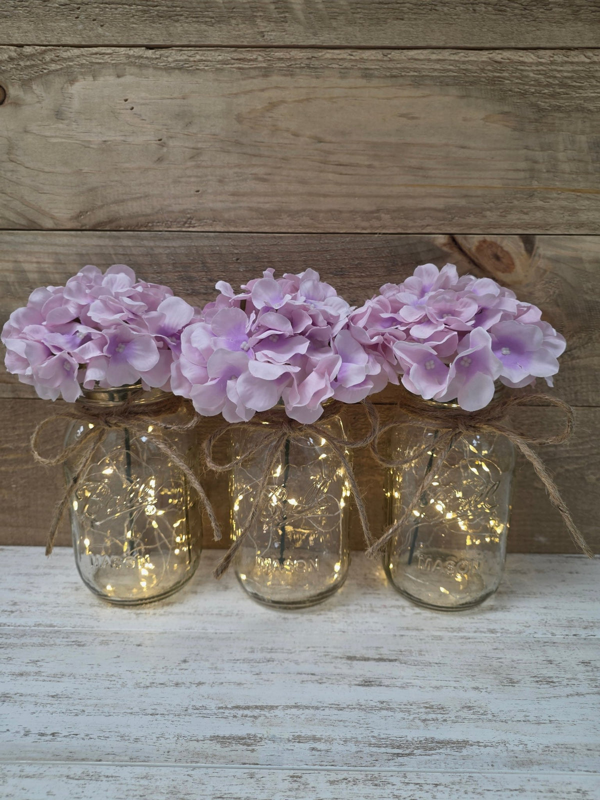 Lavender Silk Hydrangea Lighted Mason Jar Centerpiece - Glassy Gal Decor