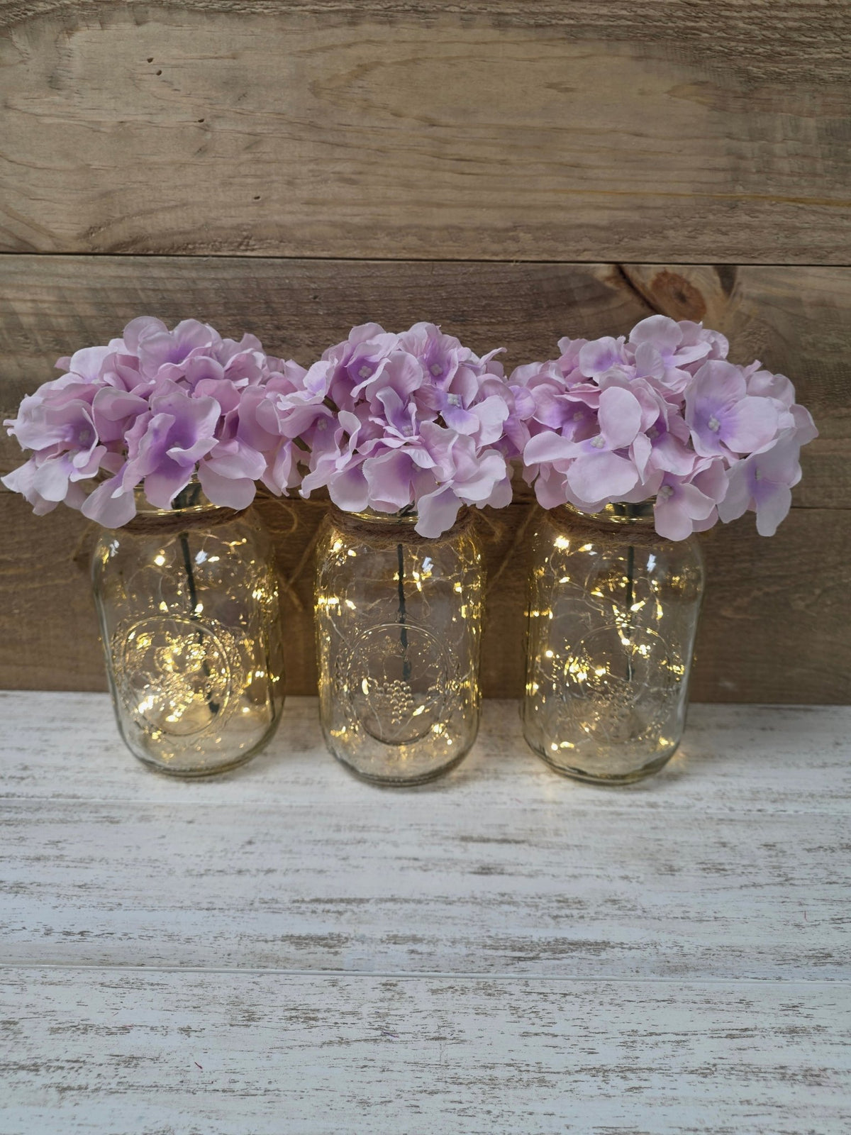 Lavender Silk Hydrangea Lighted Mason Jar Centerpiece - Glassy Gal Decor